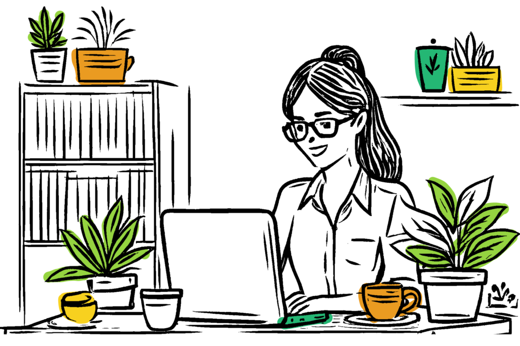 Illustration of a woman sitting at a desk with a laptop, a coffee cup, and plants around her