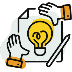 illustration of a lightbulb drawn on a piece of paper with hands holding it down and a pencil