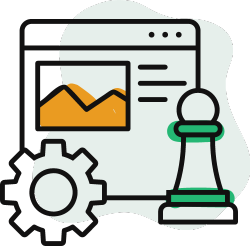 An icon depicting a website with a gear and chess piece in front of it