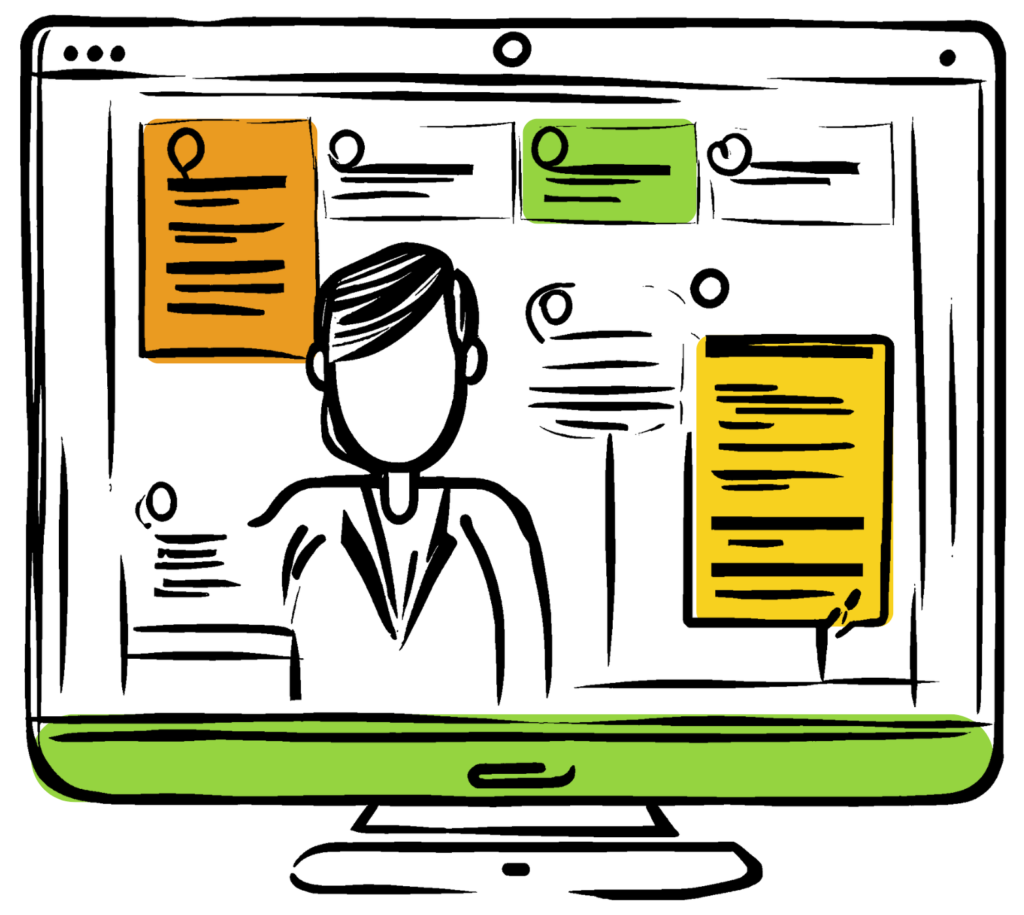 illustration of a computer mockup with a few boxes and a man inside