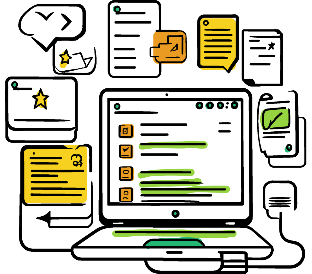 Illustration of a laptop computer with search results and various news articles floating around it