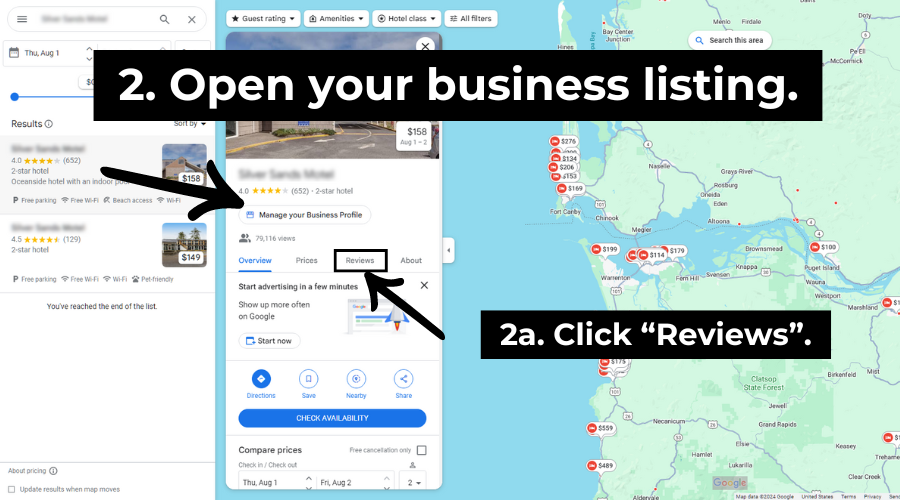 Step 2: Open your business listing and click Reviews. 