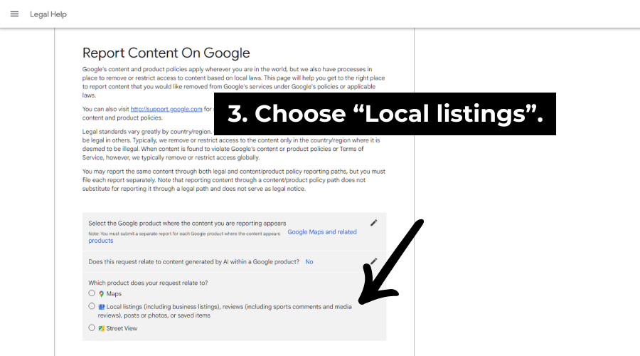 Step 3: Choose Local listing from the list of options. 