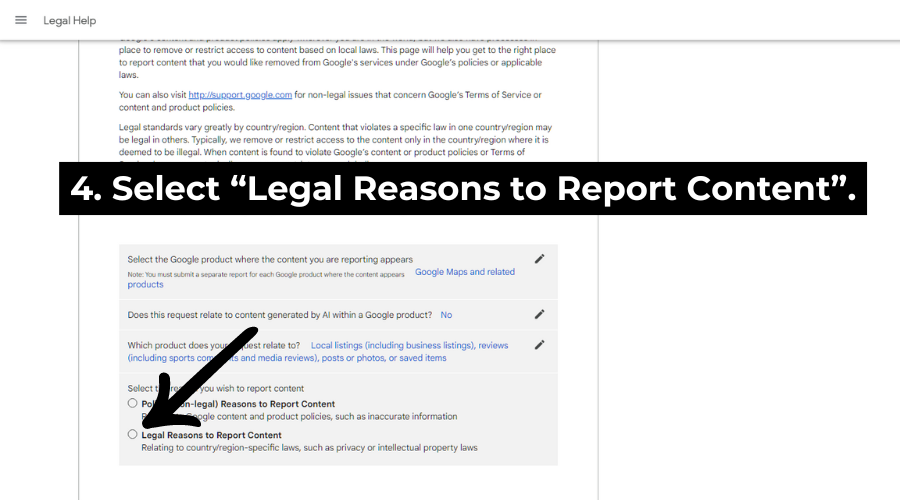 Step 4: Choose Legal Reasons to report Content.