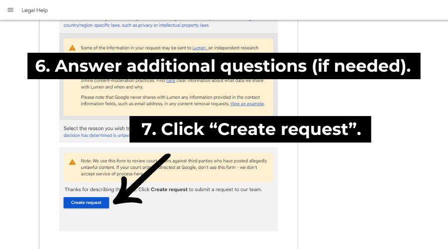 Step 6: Answer any additional questions if required. Step 7: Click Create request. 