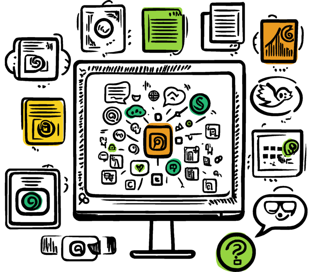 Illustration of a computer with various social media icons inside it and around it